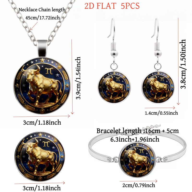 5pc Taurus Zodiac-Themed Necklace, Earrings & Brooch Set